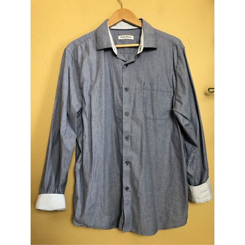 Tommy  Bahama  Heather Bay Herringbone Bering Blue Shirt Size L